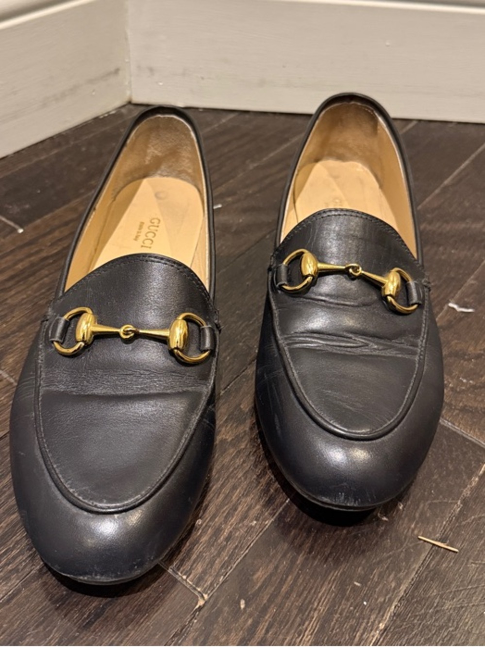 Black Leather Loafers with Gold Horsebit